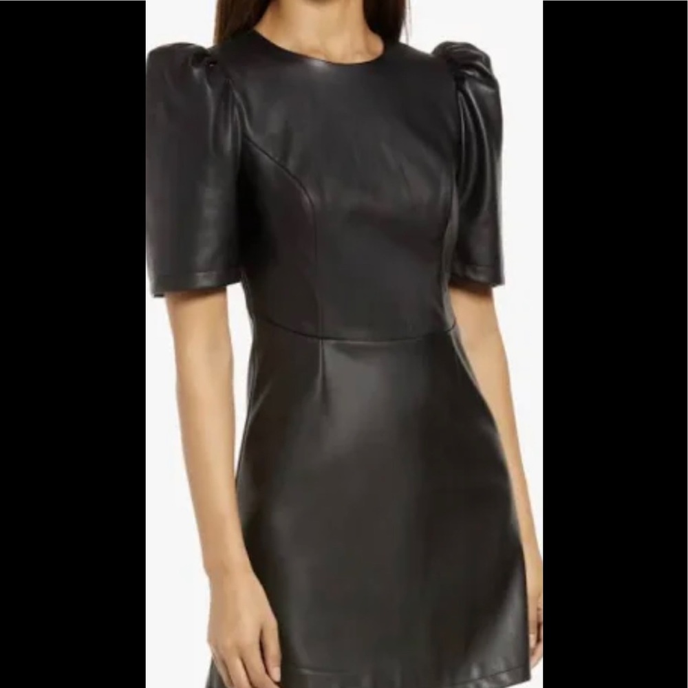 HALOGEN Black Leather Dress with puff sleeves